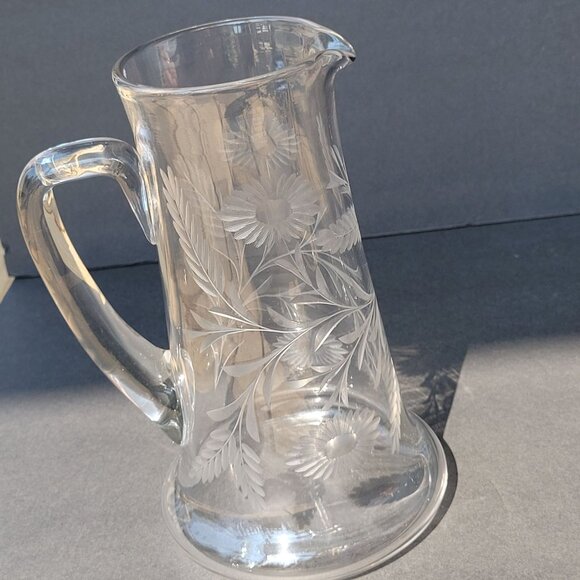 Vintage Clear Etched Glass Pitcher With Floral Design & Handle 9" - Picture 3 of 16